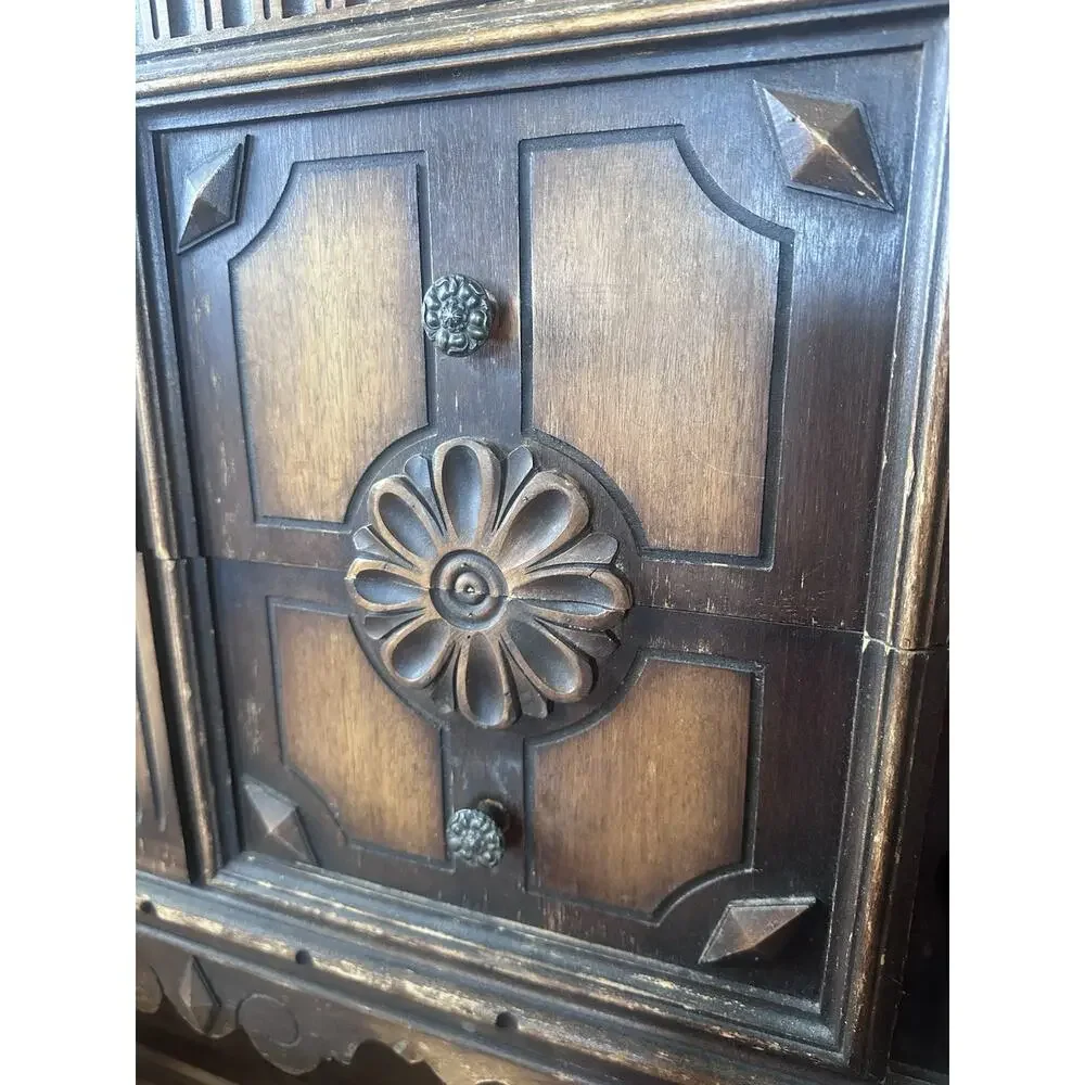 Jacobean Revival Carved Oak Sideboard Buffet Server Credenza